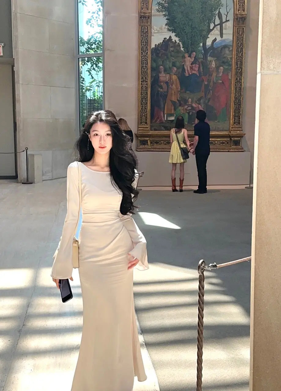 שמלת ערב מקסי סאטן אלגנטית שרוולי פעמון - סהר