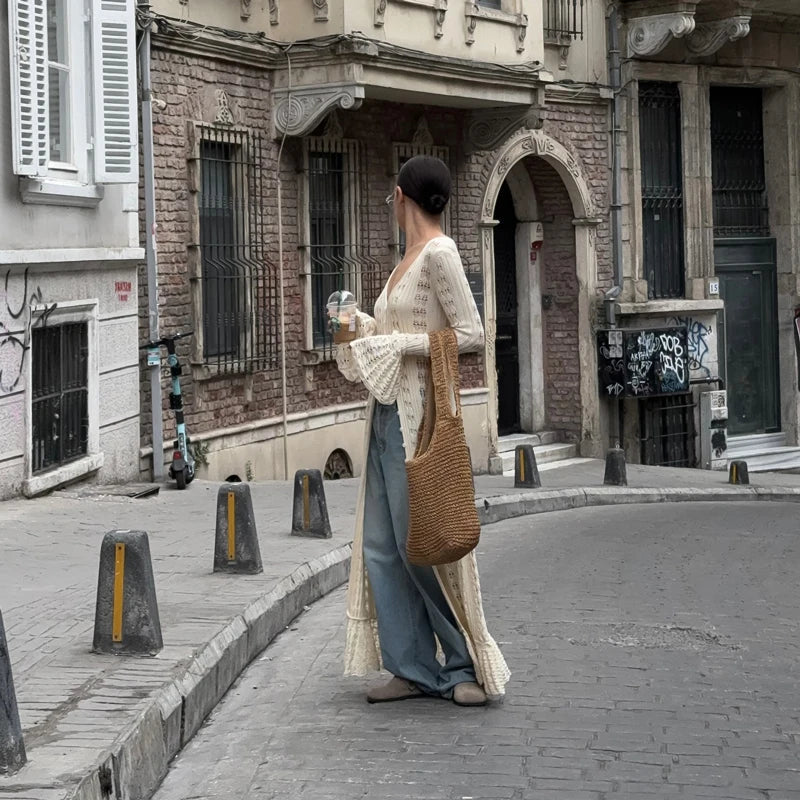 שמלת / עליונית מקסי קרושה סרוגה סגירת כפתורים - דוון