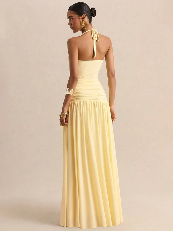 Pleated maxi dress with a neck tie and open back - Tuval