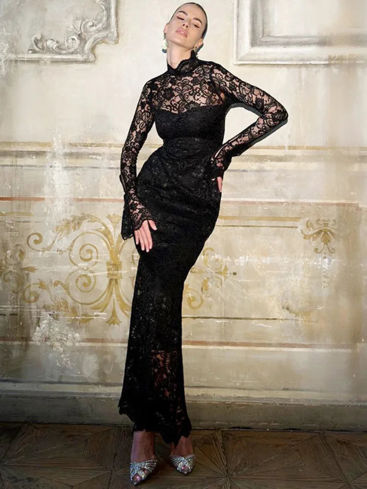 שמלת מקסי תחרה צווארון חצי גולף בשילוב תחתית אטומה - Zahra