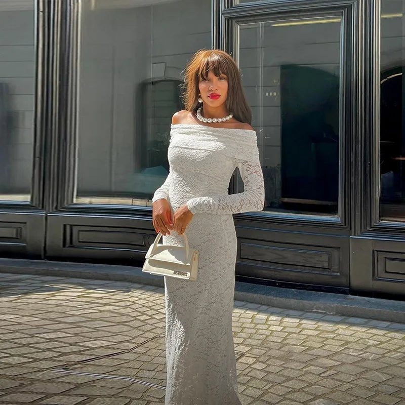 שמלת מקסי תחרה כתפיים חשופות - איליה