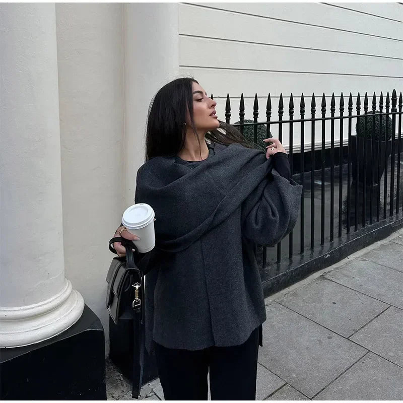 מעיל צמר מחויט בעיטור צעיף תואם - ג'ו