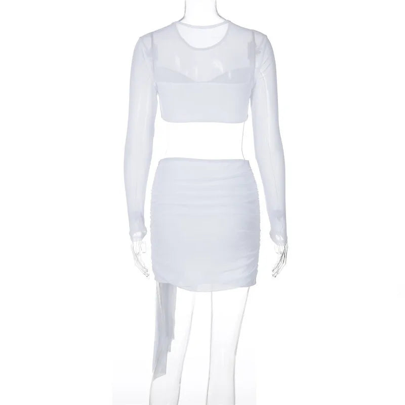 סט שני חלקים חצאית מיני כיווצים בעיטור שובל וחולצת רשת בעיצוב כיווצים - בריטני