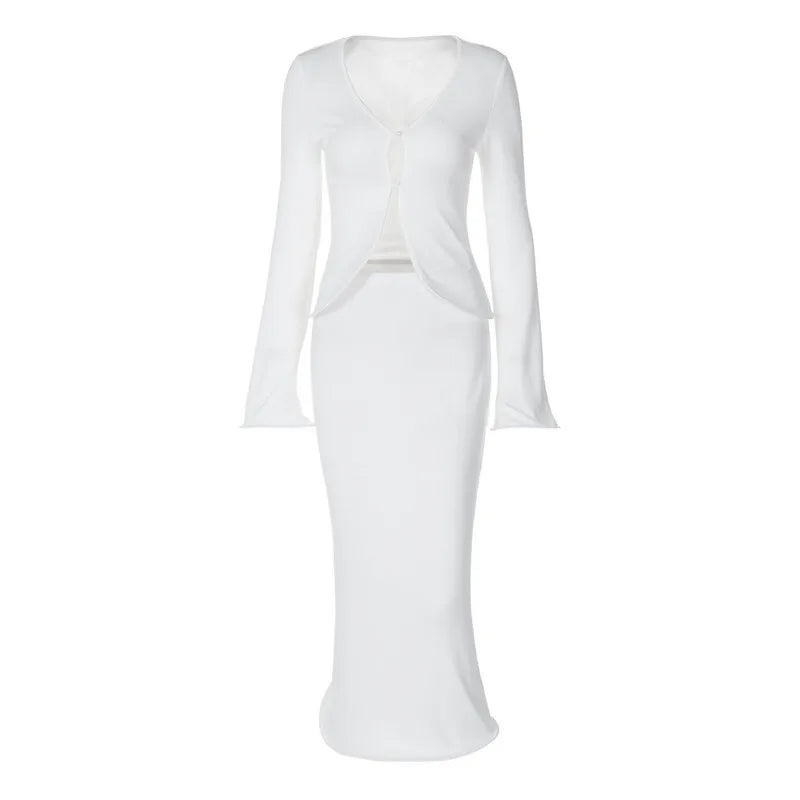 סט שני חלקים סרוג חולצה בסגירת כפתורים וחצאית מקסי - PARIS