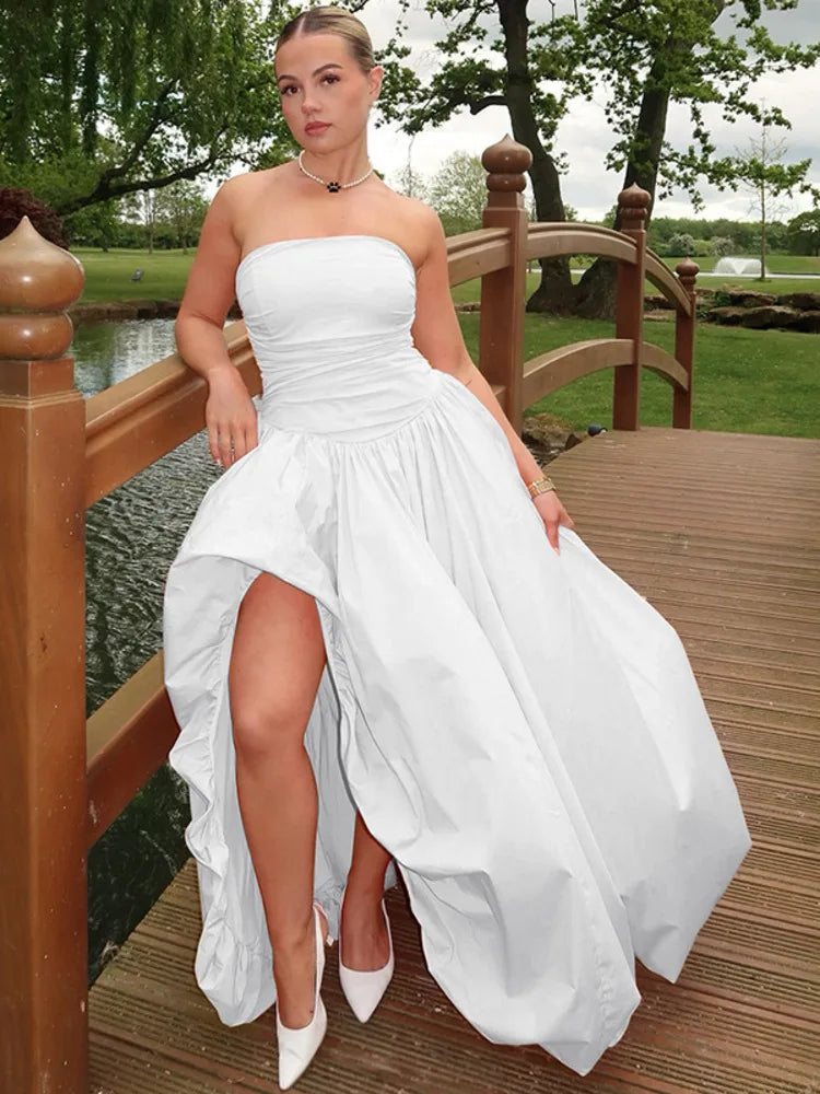 שמלת מקסי סטרפלס בלון בעיצוב שסע - אוקיאנה