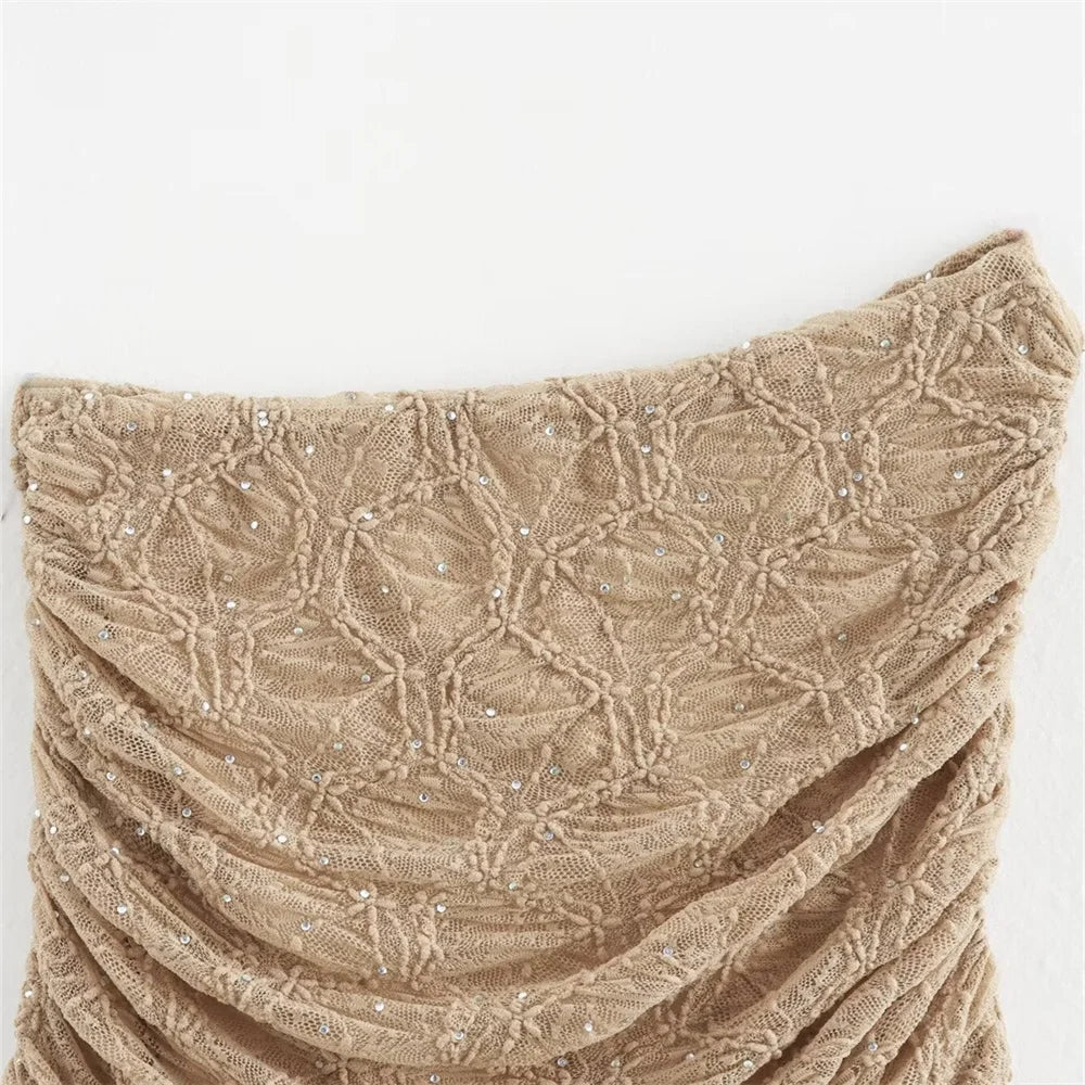 סט שני חלקים טופ כתפייה אחת וחצאית מידי בעיצוב קפלים תחרה בעיטור זרקונים - MELLISA