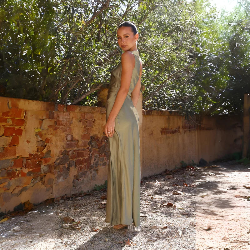 שמלת מקסי סאטן כתפייה אחת בשילוב שסע - איירה