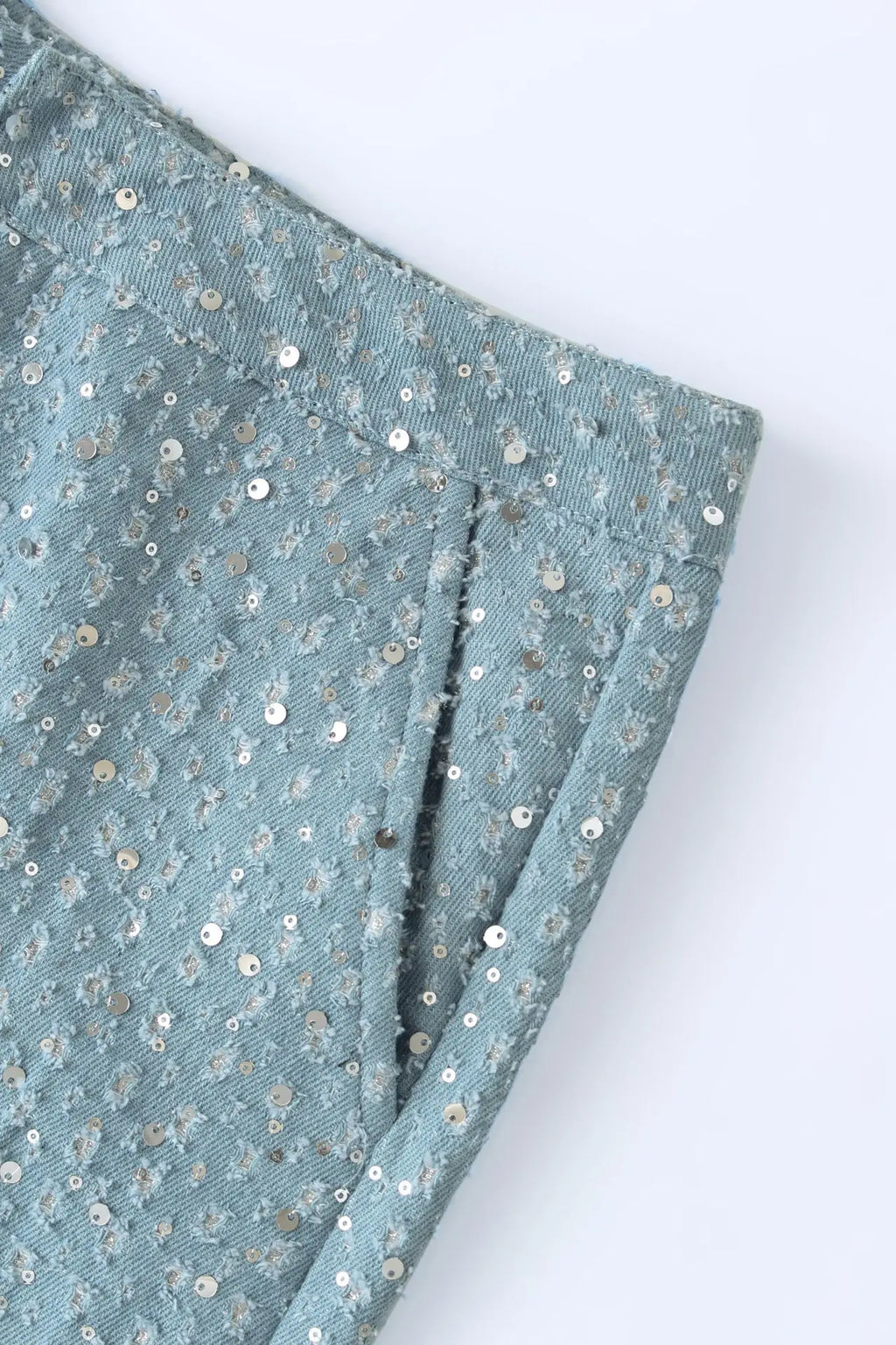 חליפת דנים 2 חלקים מנצנצת בעיטור פייטים טופ סטרפלס וחצאית מיני / מכנסיים גזרה נמוכה - ג'יי