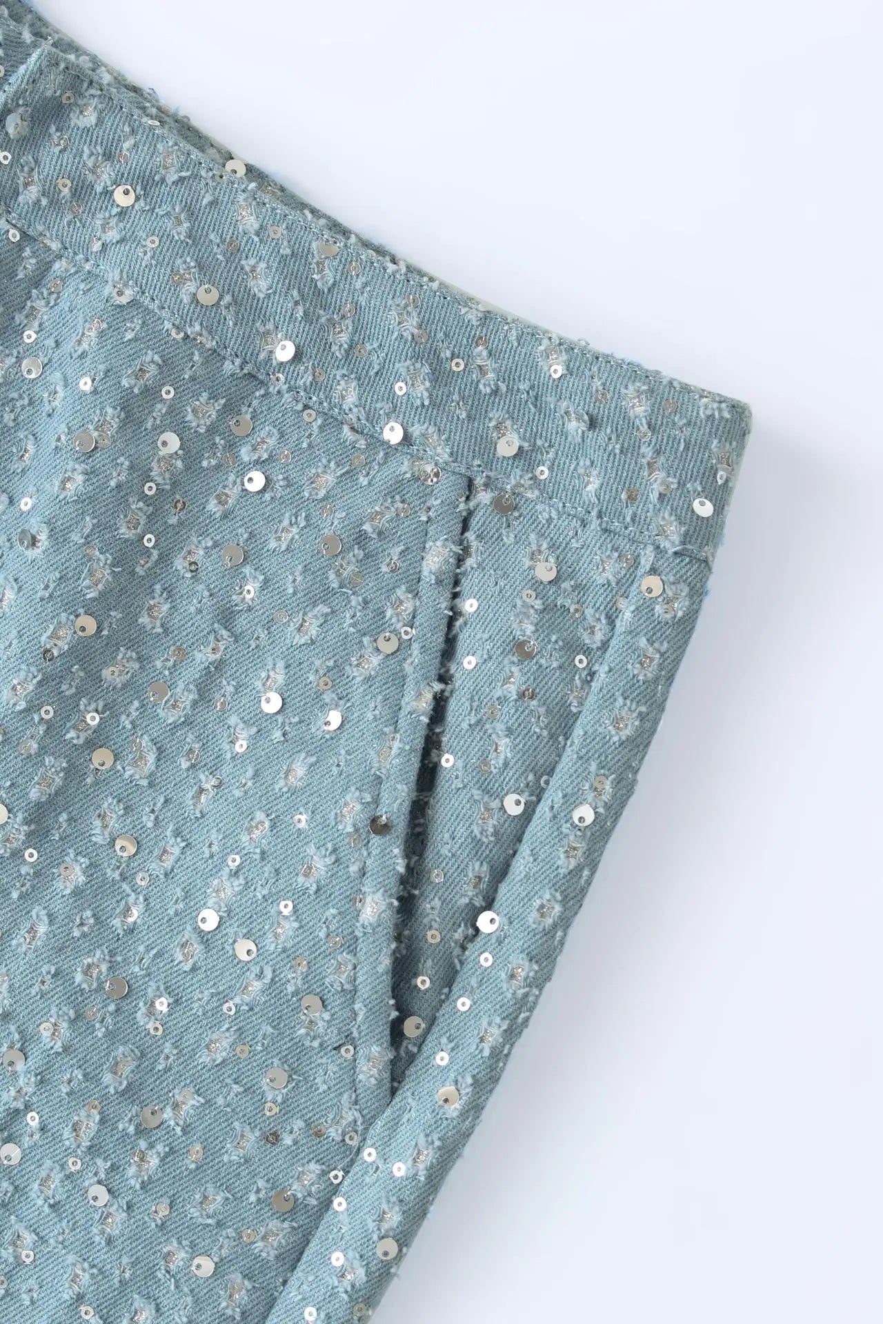 חליפת דנים 2 חלקים מנצנצת בעיטור פייטים טופ סטרפלס וחצאית מיני / מכנסיים גזרה נמוכה - ג'יי