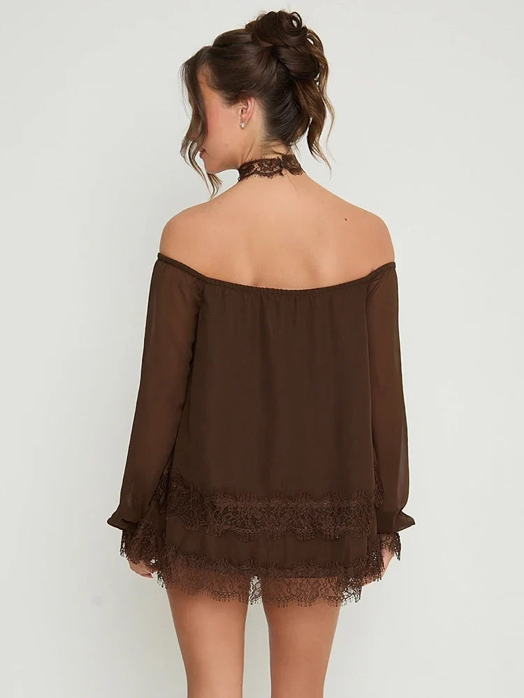 Off-the-shoulder mini dress with lace trim and matching shorts - Mali