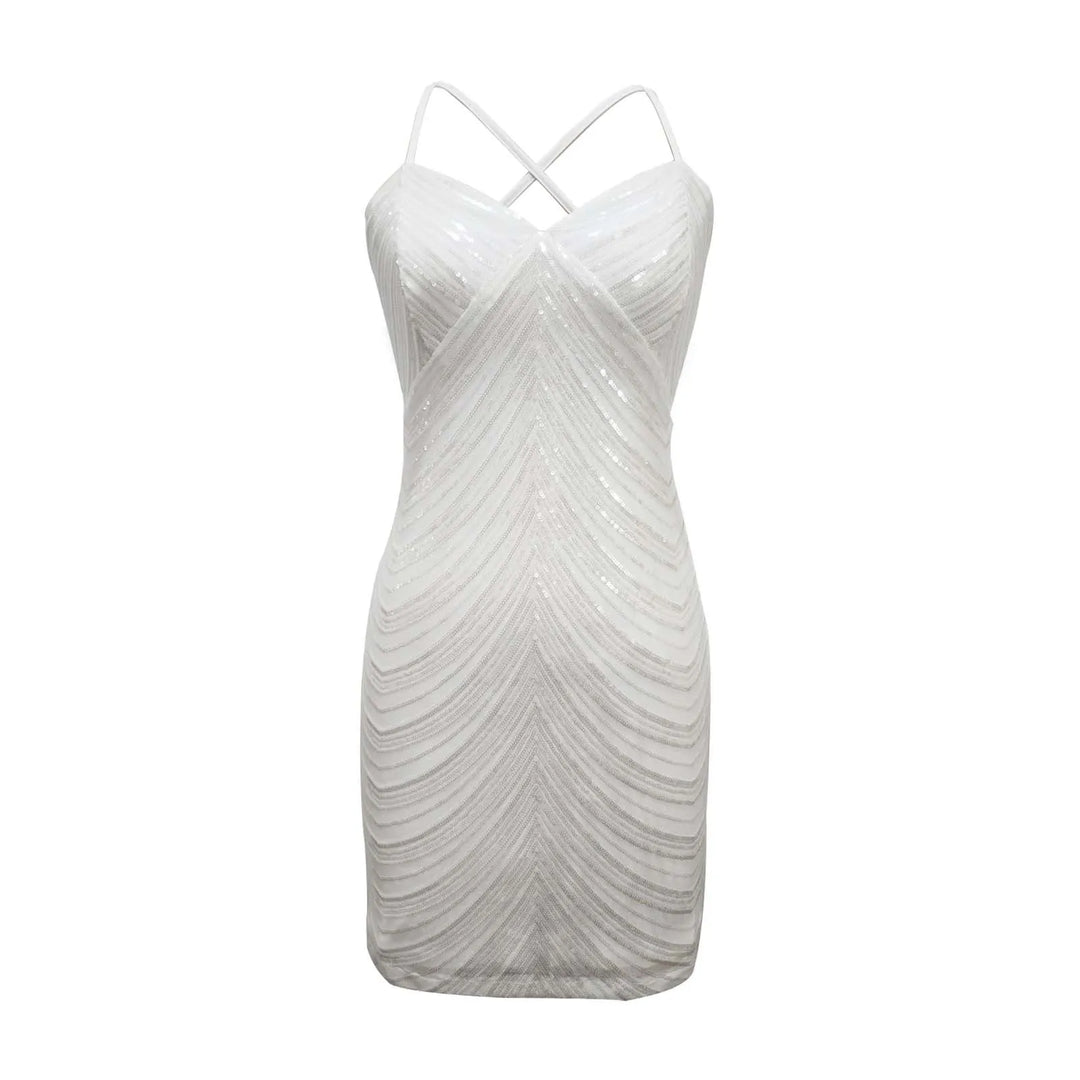 White mini dress with sparkling silver sequins - Jill