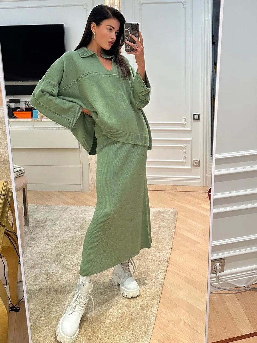 חליפת שני חלקים loose סרוגה חצאית מקסי וחולצה - שילב