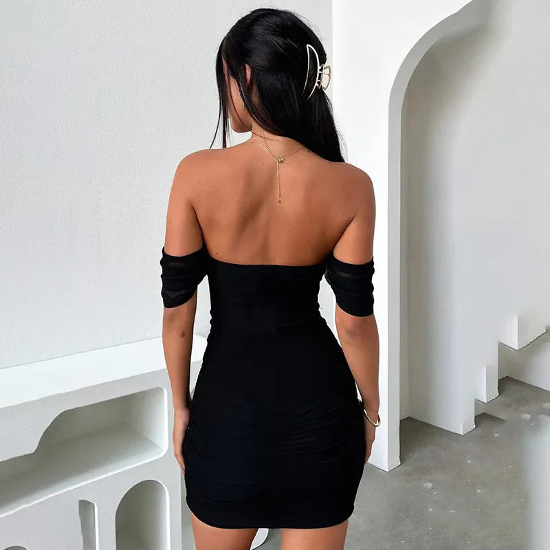 שמלת מיני קיפולים צמודה כתפיות רשת נופלות - Luz