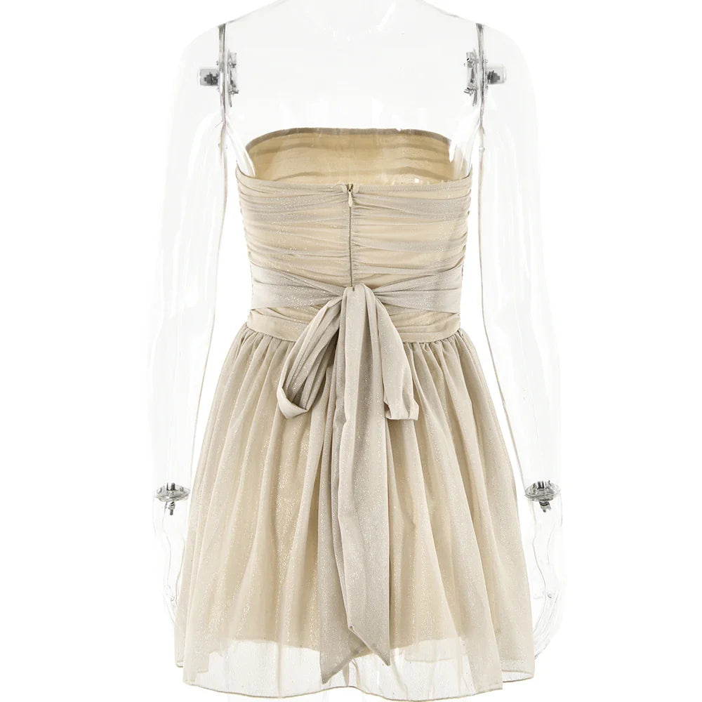 שמלת מיני סטרפלס נצנצים בעיטור קשירה מאחורה - דיימונד