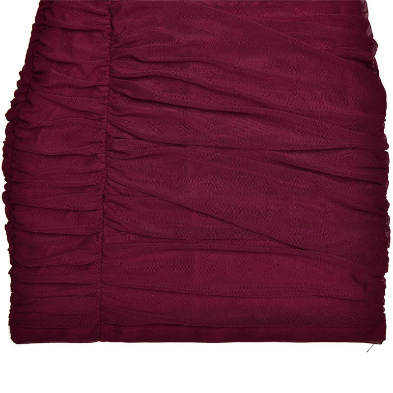 שמלת מיני קיפולים צווארון גולף שרוולי שיפון פעמון -  NARA