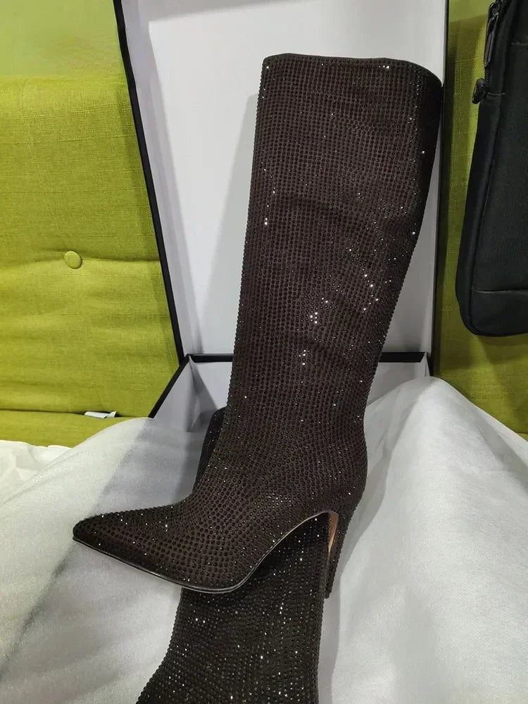 High-heeled pointed-toe boots with glittery rhinestones - Josie