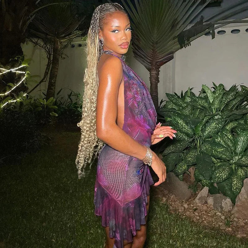 שמלת מיני קייצית בעיצוב צווארון נופל בעיטור מלמלה גב פתוח - Zariah