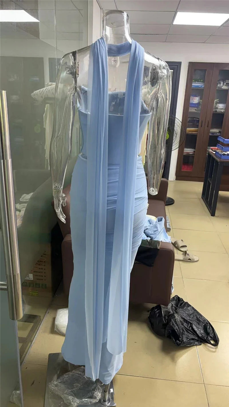 סט שני חלקים טופ סטרפלס וחצאית מקסי בעיטור צעיף תואם - פרנסיה