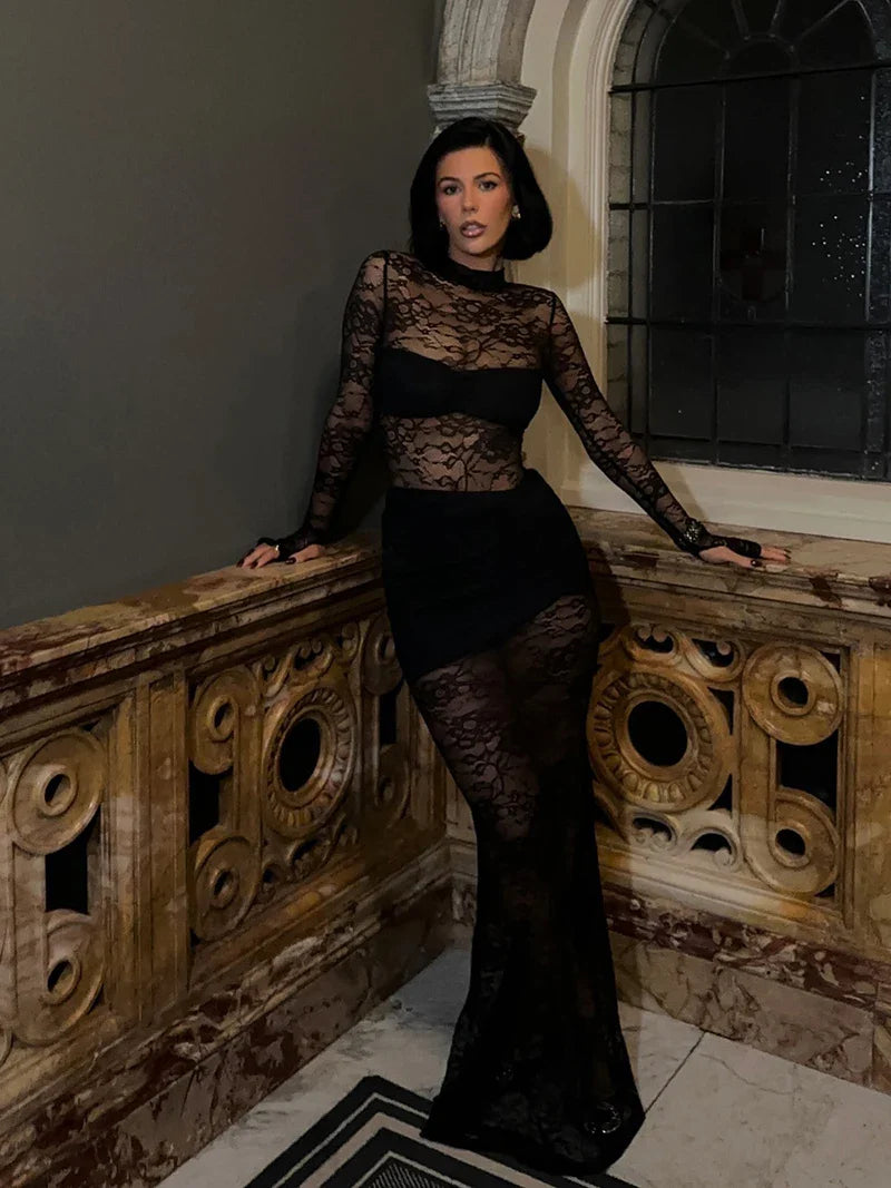 סט שני חלקים תחרה בגד גוף וחצאית מקסי - אנג'ליקה