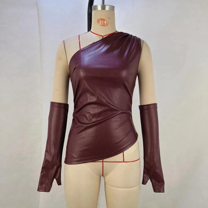One-shoulder faux leather top with matching gloves - Sol