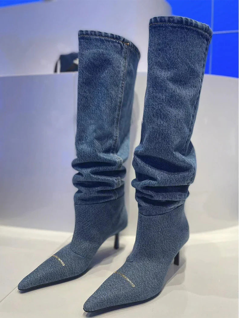 High-heeled denim pointed-toe boots - Jax