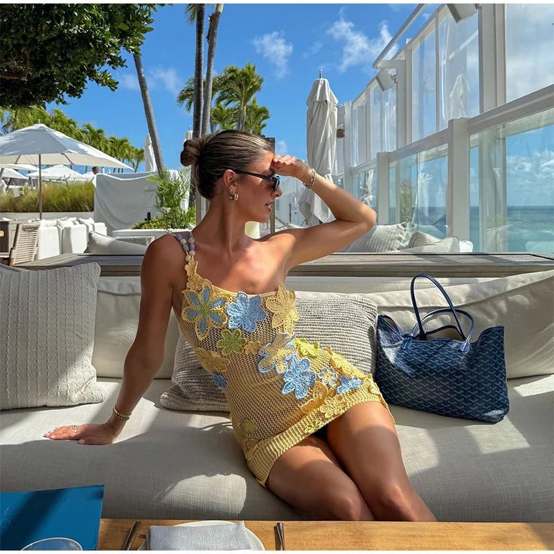 שמלת חוף רשת סרוגה / סט חוף שני חלקים טופ וחצאית מקסי רשת סרוגה בעיטור אפליקציות פרחים - סאנשיין