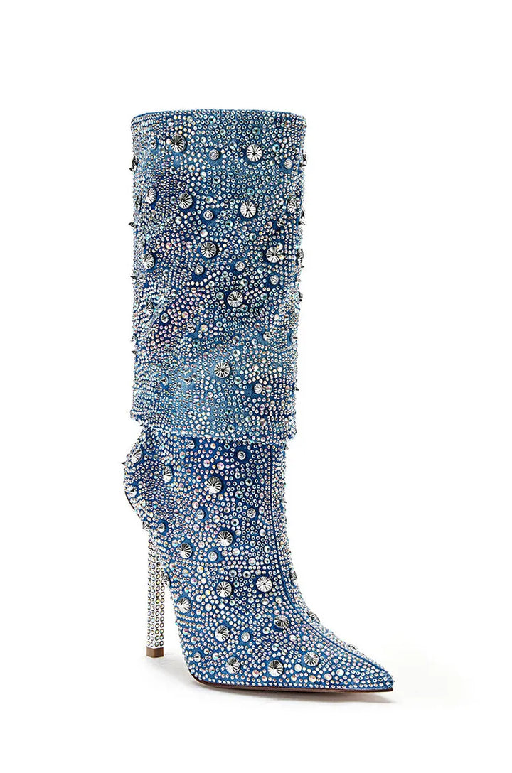 Denim pointed-toe boots with glittering rhinestones - Isabelle