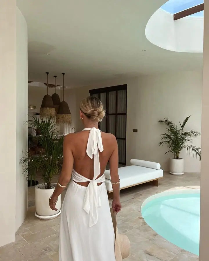 שמלת מקסי מחשוף V שסע עמוק קשירה בגב פתוח - לריאן