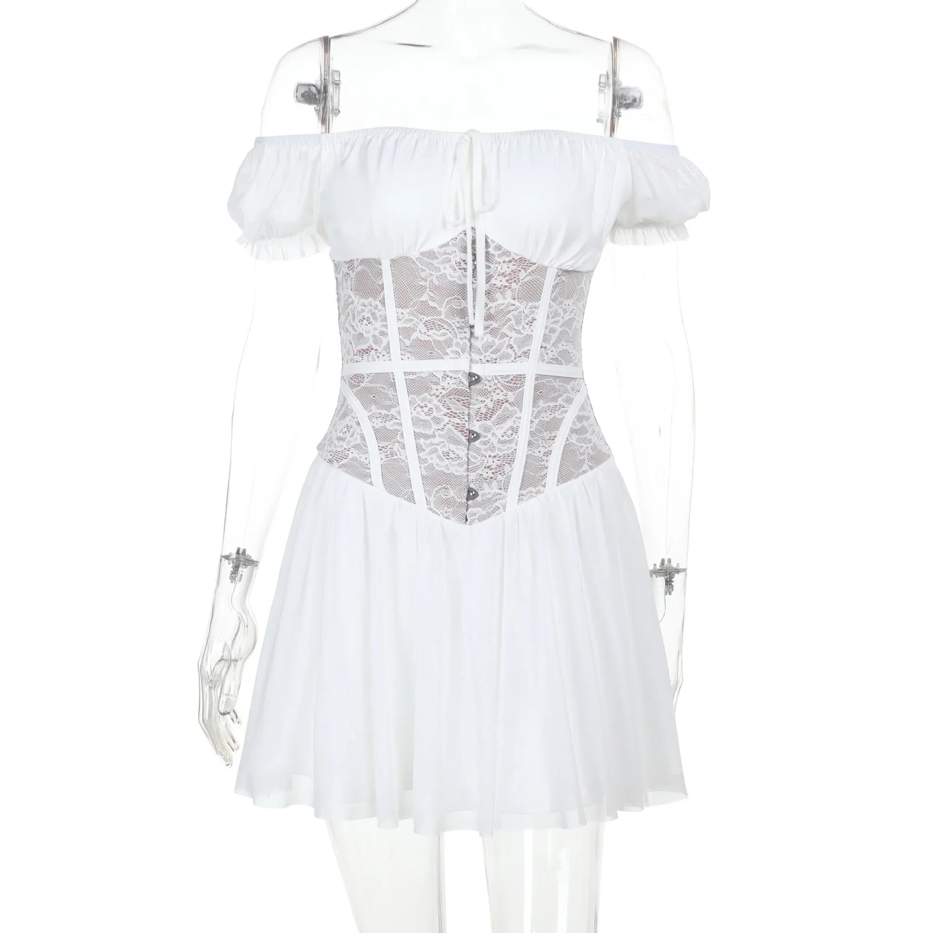 שמלת מיני בלון כתפיים חשופות בעיטור תחרה - פאדג'