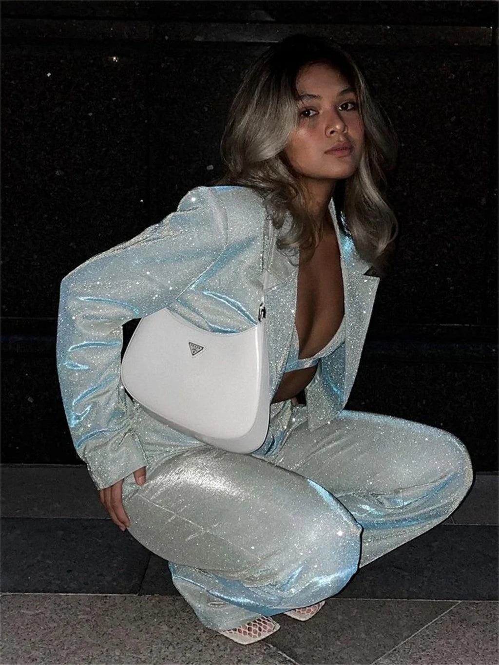 חליפת נצנצים 3 חלקים גוזיה בלייזר ומכנסיים גזרה גבוהה ארוכים - פאשה