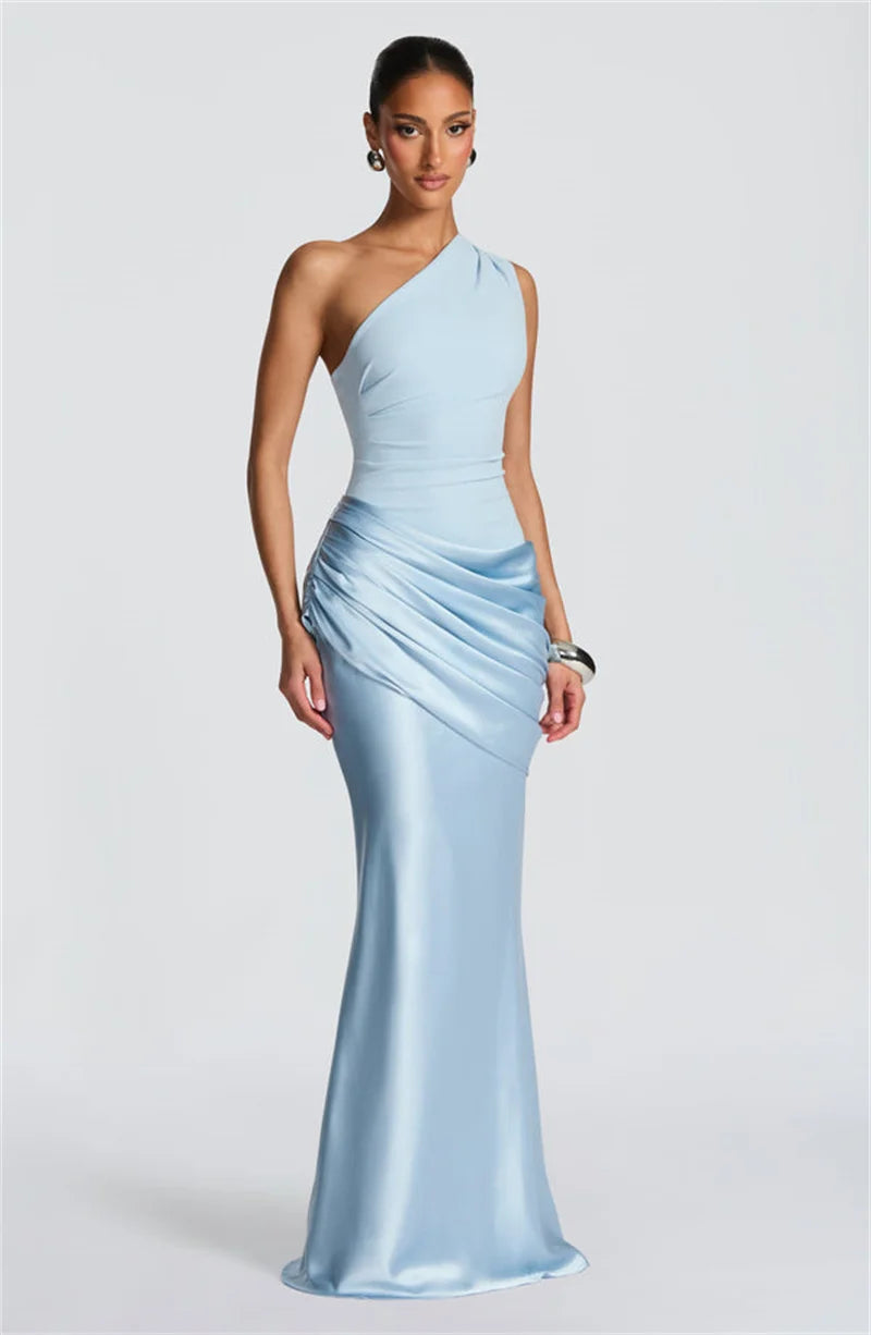 One-shoulder maxi dress with satin skirt and pleats - WENDI