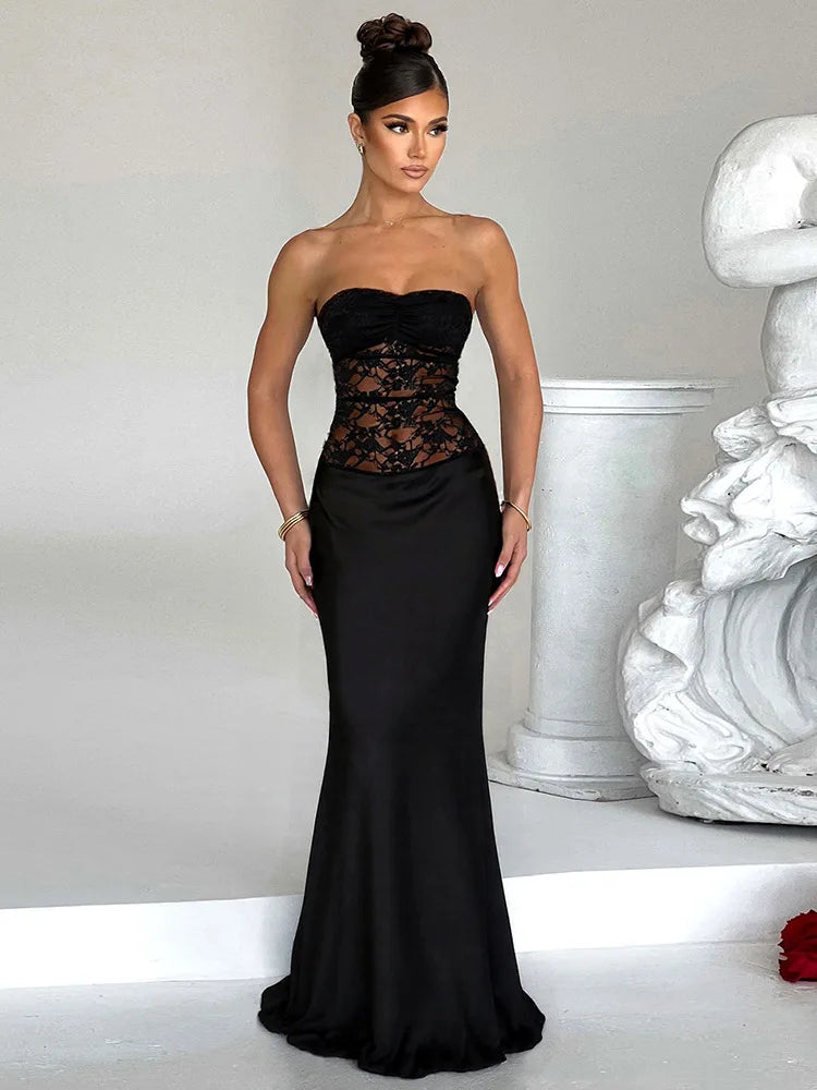 שמלת מקסי סטרפלס בעיטור תחרה - אל יה