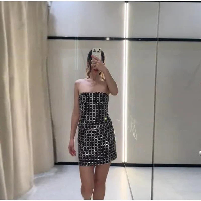 Strapless top/mini skirt/maxi dress/maxi dress with sparkling rhinestones