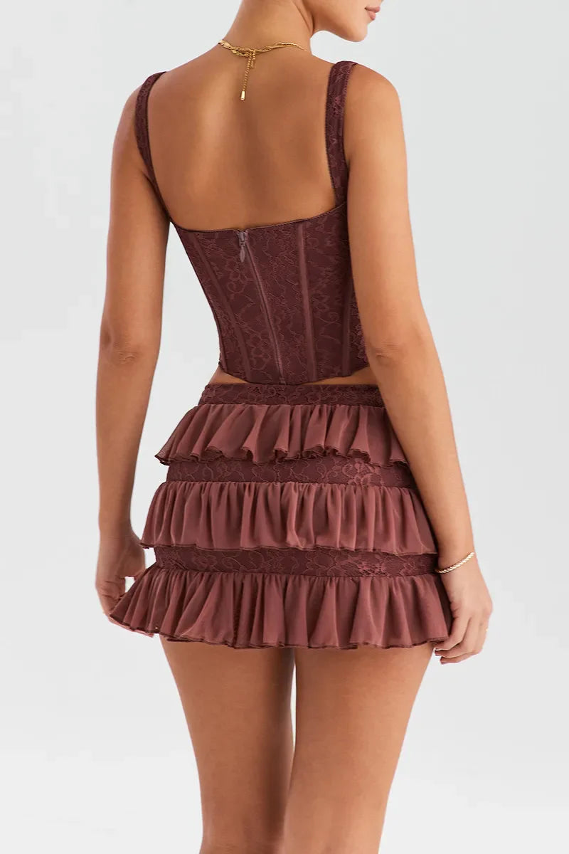 סט שני חלקים טופ מחוך קשירות וחצאית מלמלה מדורגת סטייל וינטג' - סורנטו