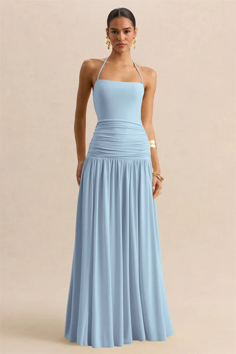 Pleated maxi dress with a neck tie and open back - Tuval