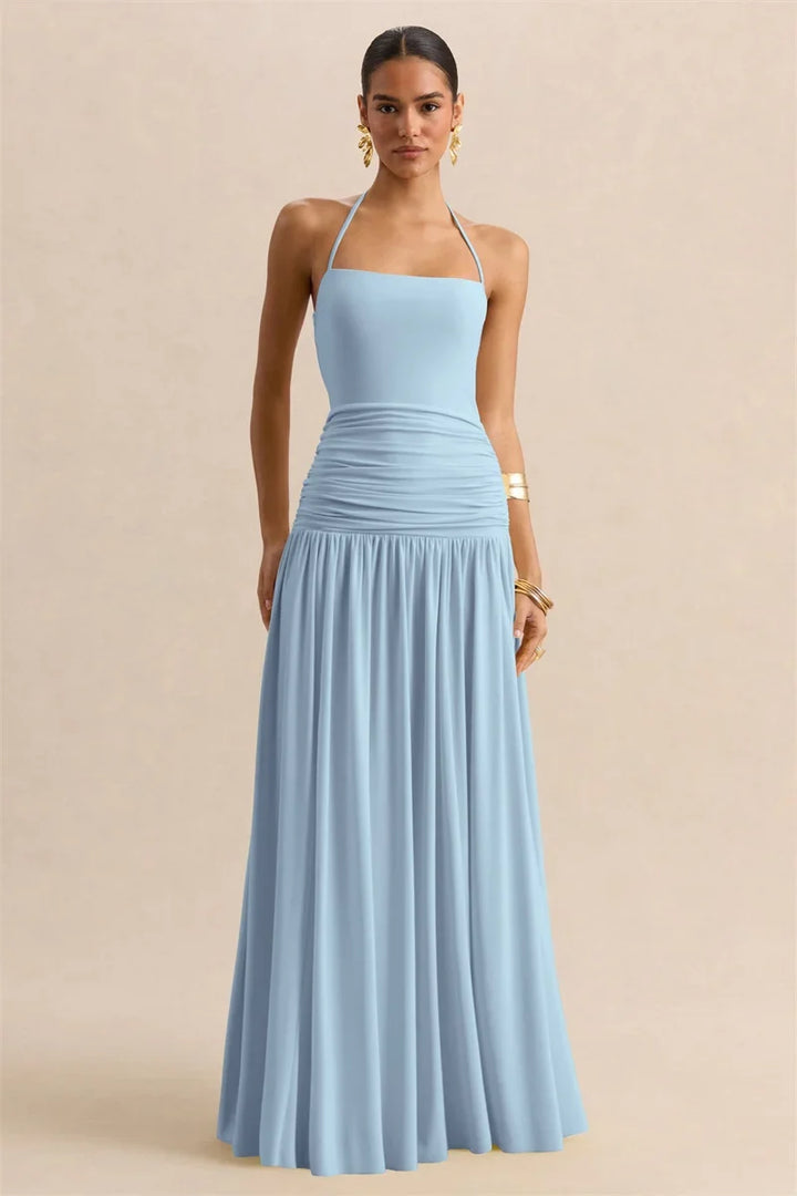 Pleated maxi dress with a neck tie and open back - Tuval