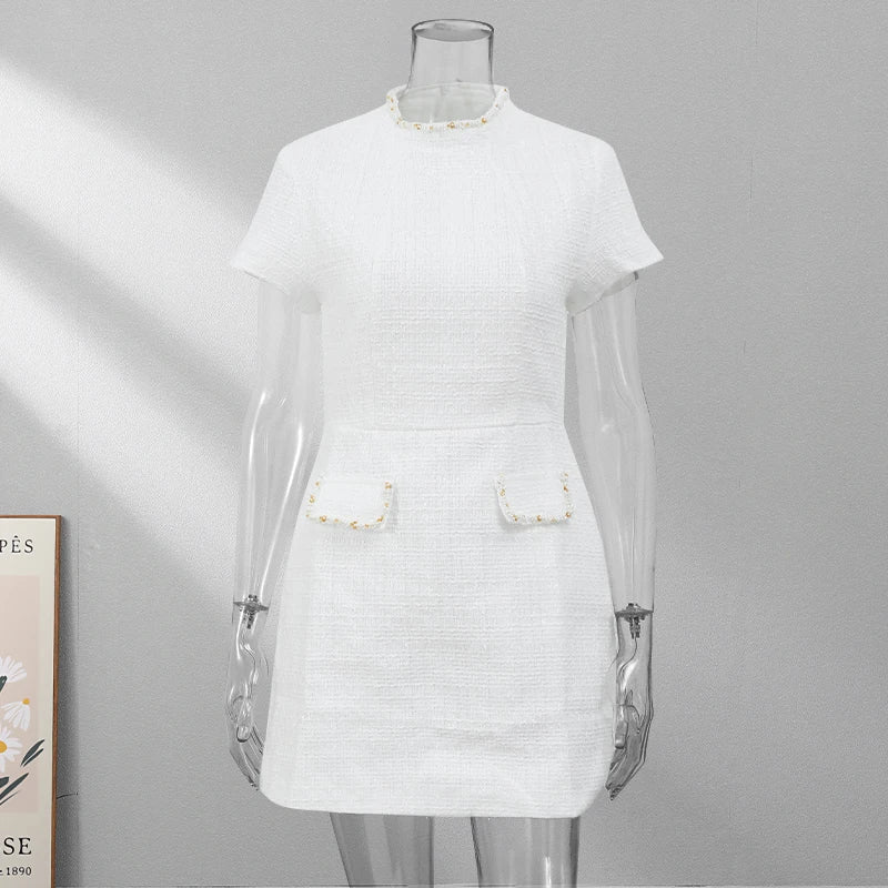 שמלת מיני אלגנטית שרוול קצר/ארוך סגנון מחויט בד ארוג בעיטור נצנצים ופנינים - Lucia