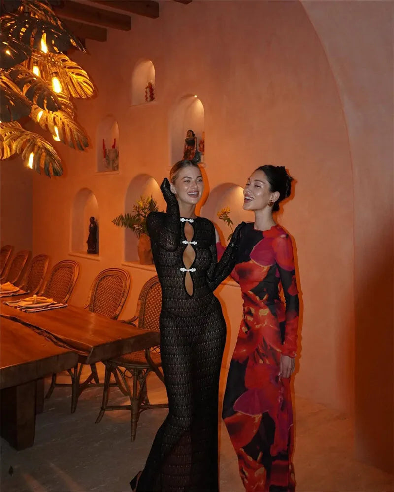 שמלת מקסי חוף סרוגה בעיטור סיכות בעיטור קשירה בגב פתוח - Mikayla