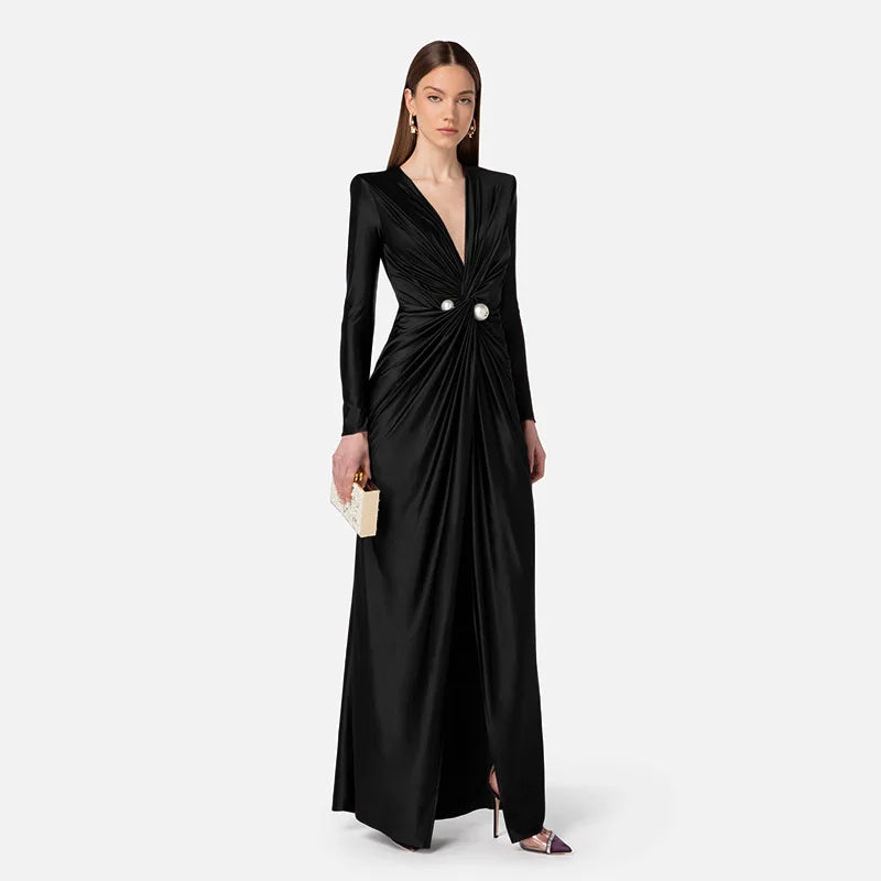 Deep Slit Wrap Maxi Evening Dress with Pearl Embellishment - Simona