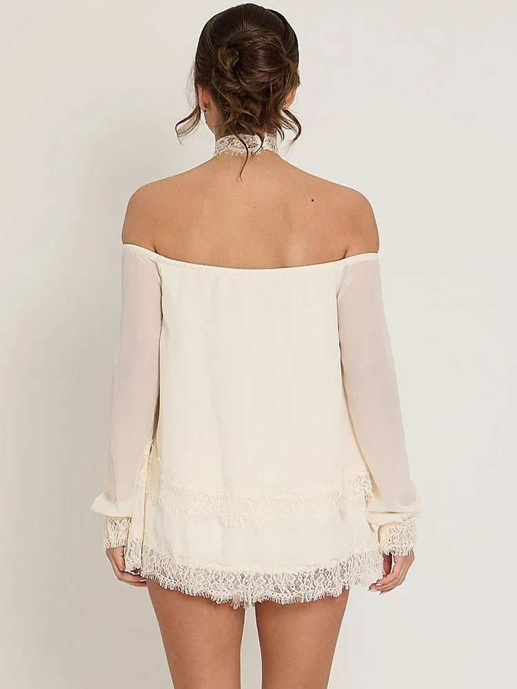 Off-the-shoulder mini dress with lace trim and matching shorts - Mali