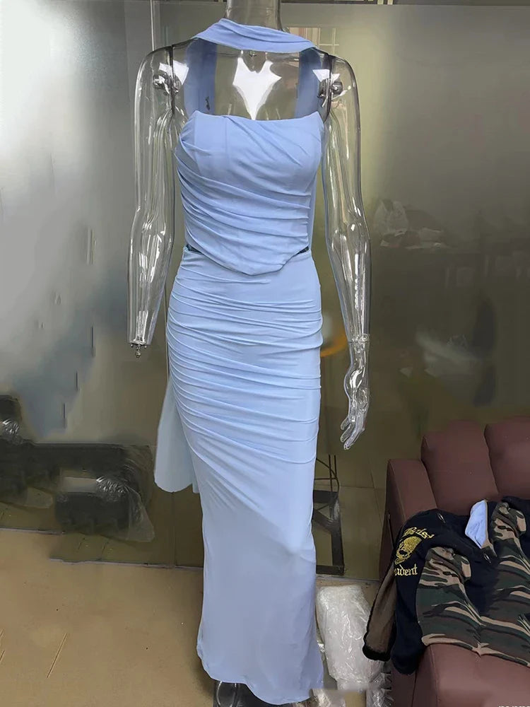 סט שני חלקים טופ סטרפלס וחצאית מקסי בעיטור צעיף תואם - פרנסיה