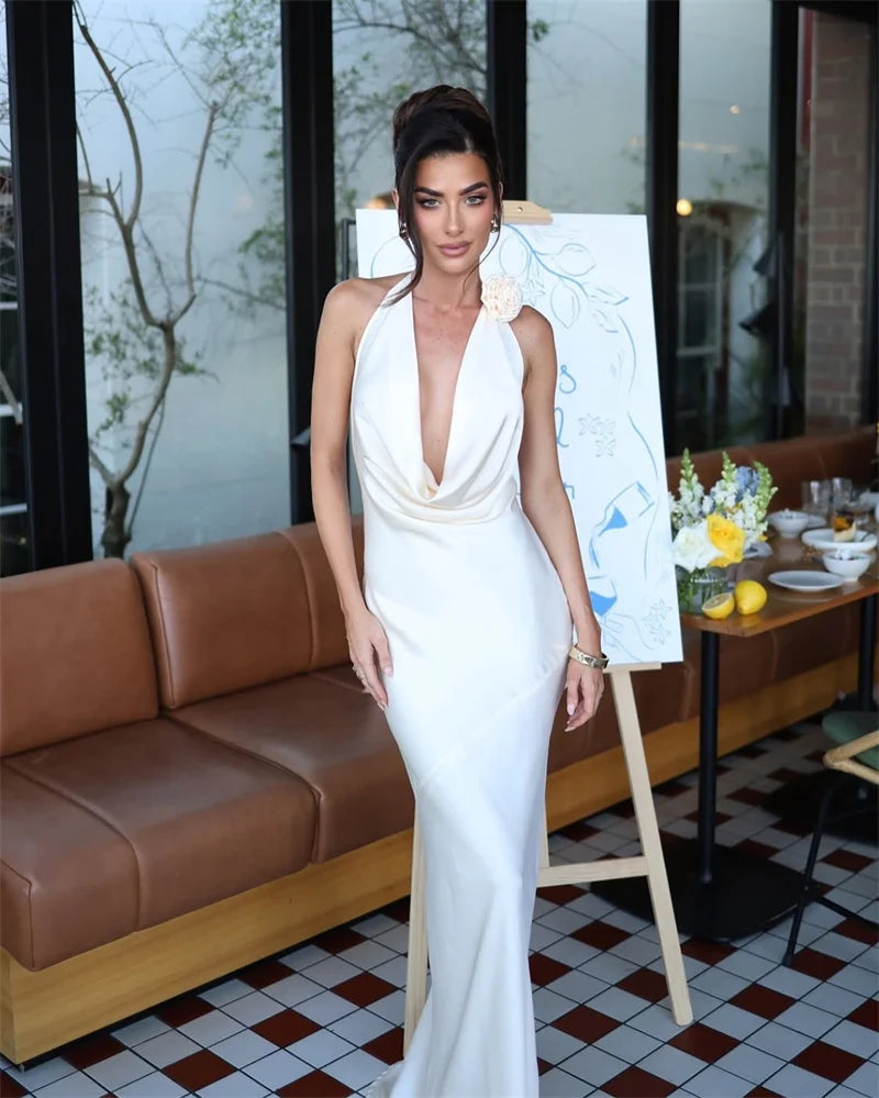 שמלת מקסי סאטן גב פתוח צווארון נופל - פאולה