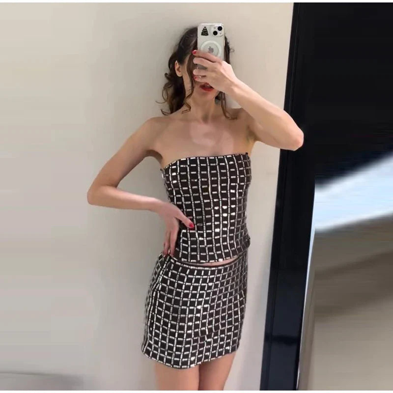 Strapless top/mini skirt/maxi dress/maxi dress with sparkling rhinestones