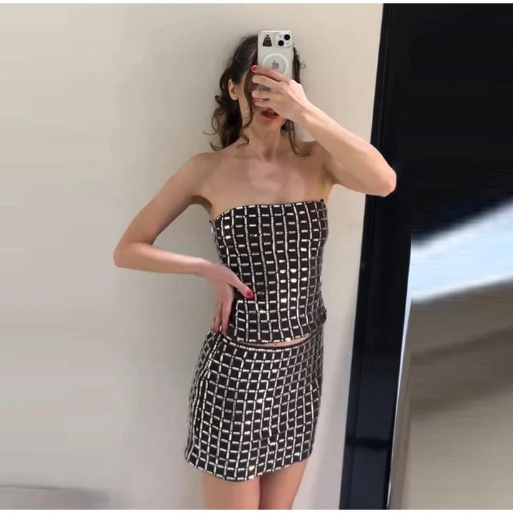 Strapless top/mini skirt/maxi dress/maxi dress with sparkling rhinestones