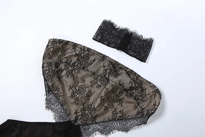 Strapless satin maxi dress in lace design with gloves and collar - GEE