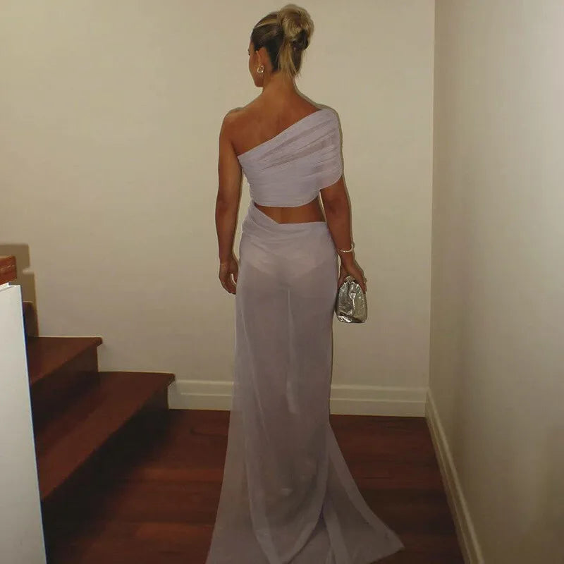 שמלת מקסי שיפון בעיצוב אסימטרי ופתח - שי לין