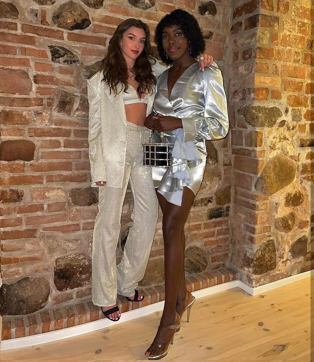 חליפת נצנצים 3 חלקים גוזיה בלייזר ומכנסיים גזרה גבוהה ארוכים - פאשה