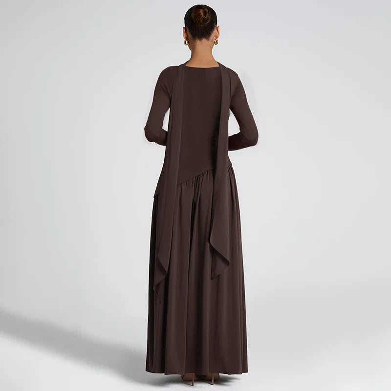 Elegant maxi dress with a slit design and a scarf decoration - RONA LI