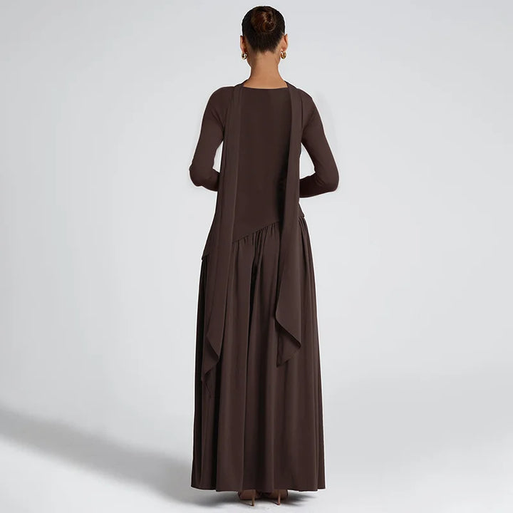 Elegant maxi dress with a slit design and a scarf decoration - RONA LI