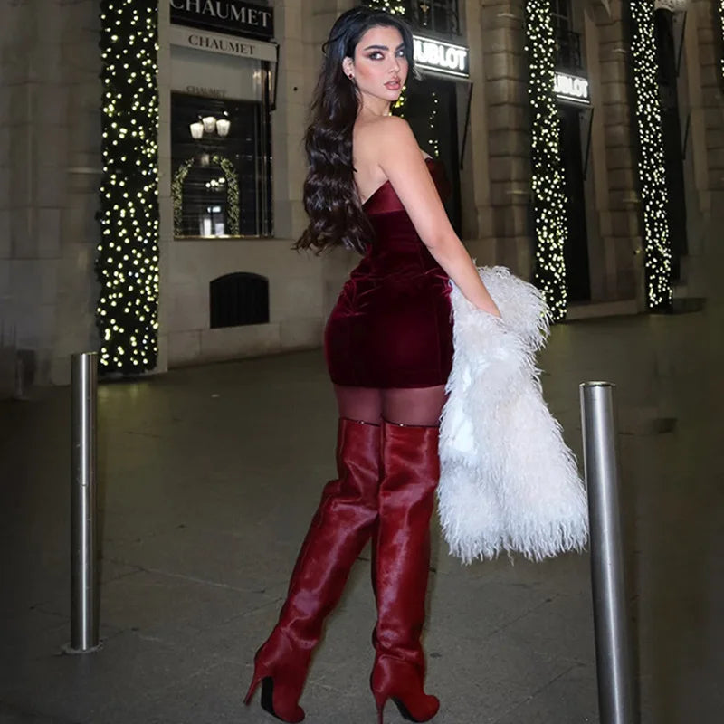 שמלת מיני סטרפלס קטיפה - דורין